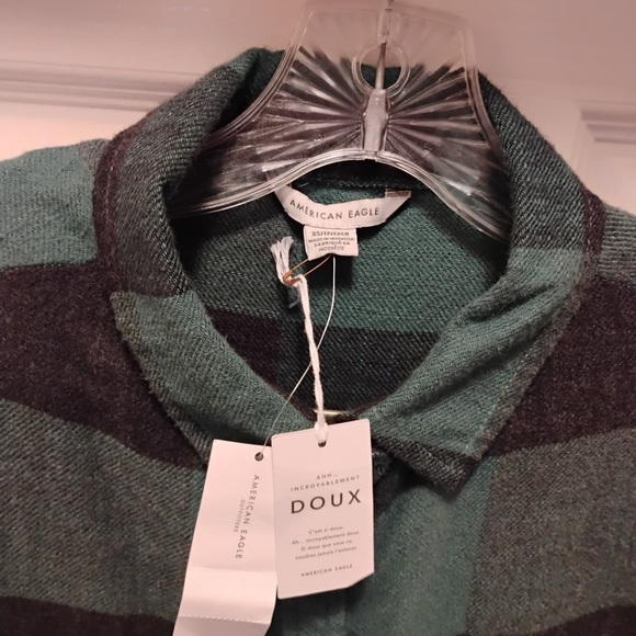 NWT American Eagle Green Black Plaid Peplum Oversized Flannel Shirt Size XS - Picture 7 of 8